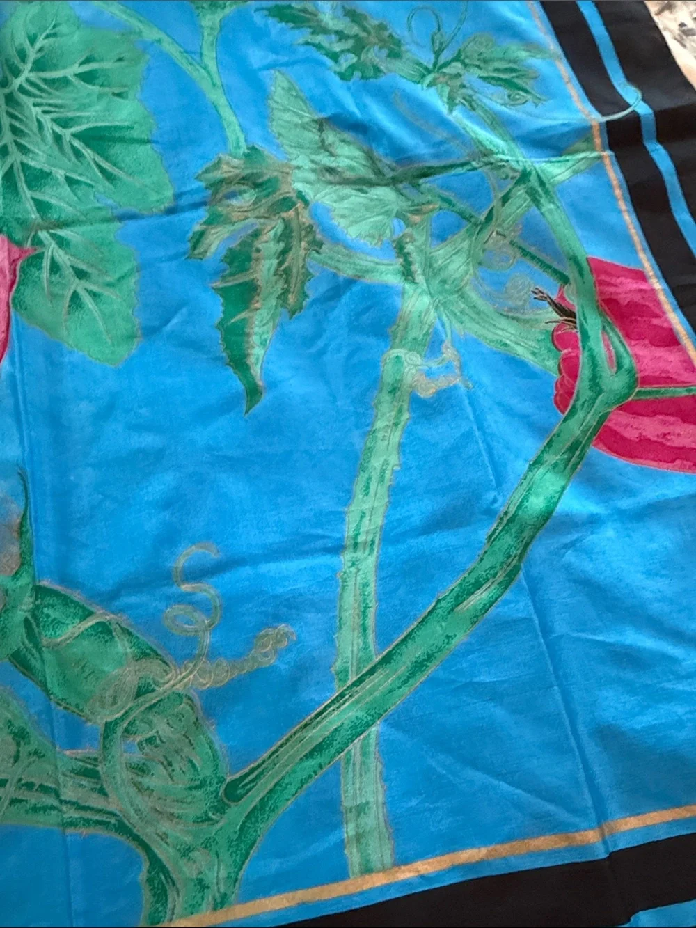 Vintage Thai silk 100% Blue Floral Square Scarf with Pink Bloom